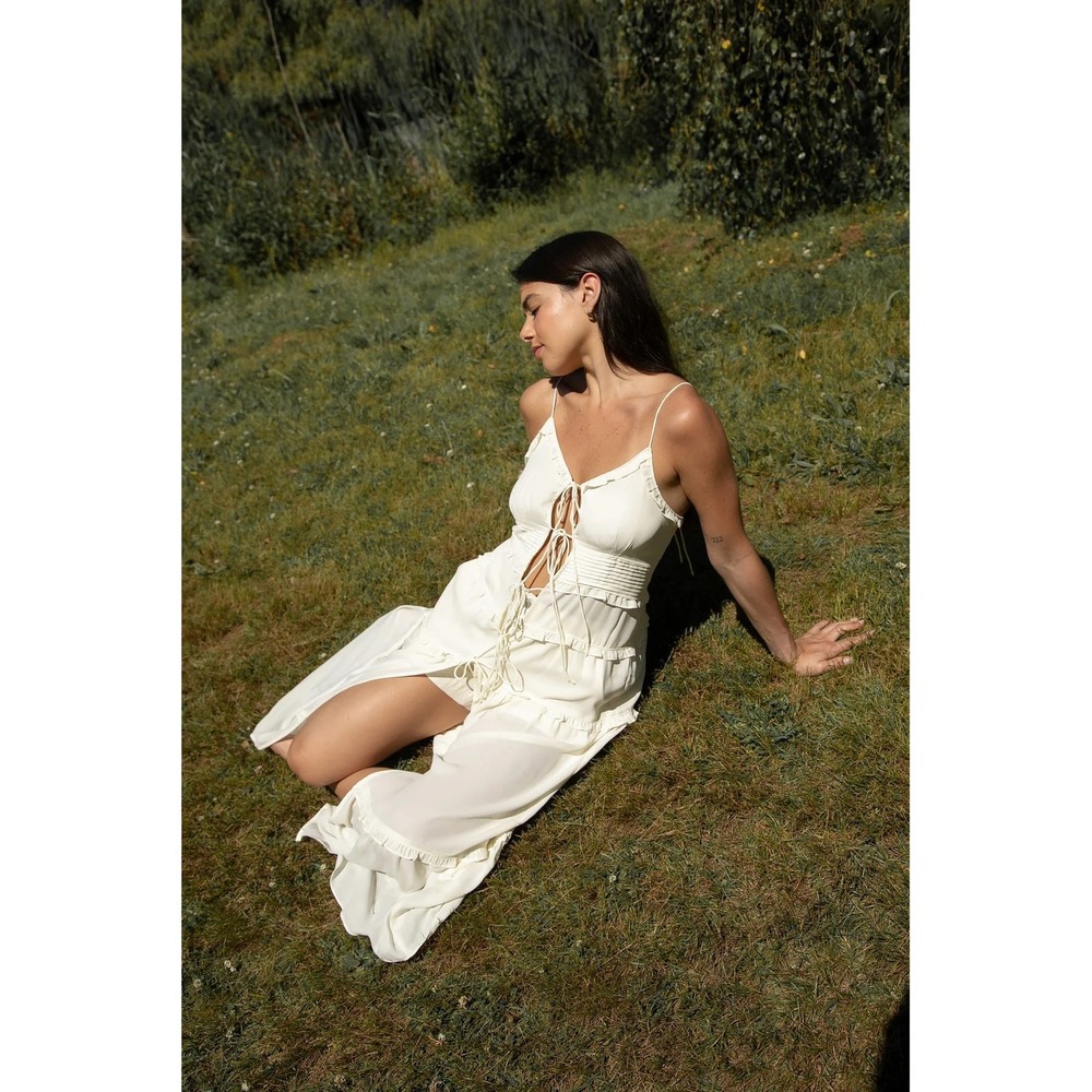 OAK + FORT Cream Ruffle Tiered Maxi Dress XXS Tie Front Coquette Cottagecore - Picture 2 of 14